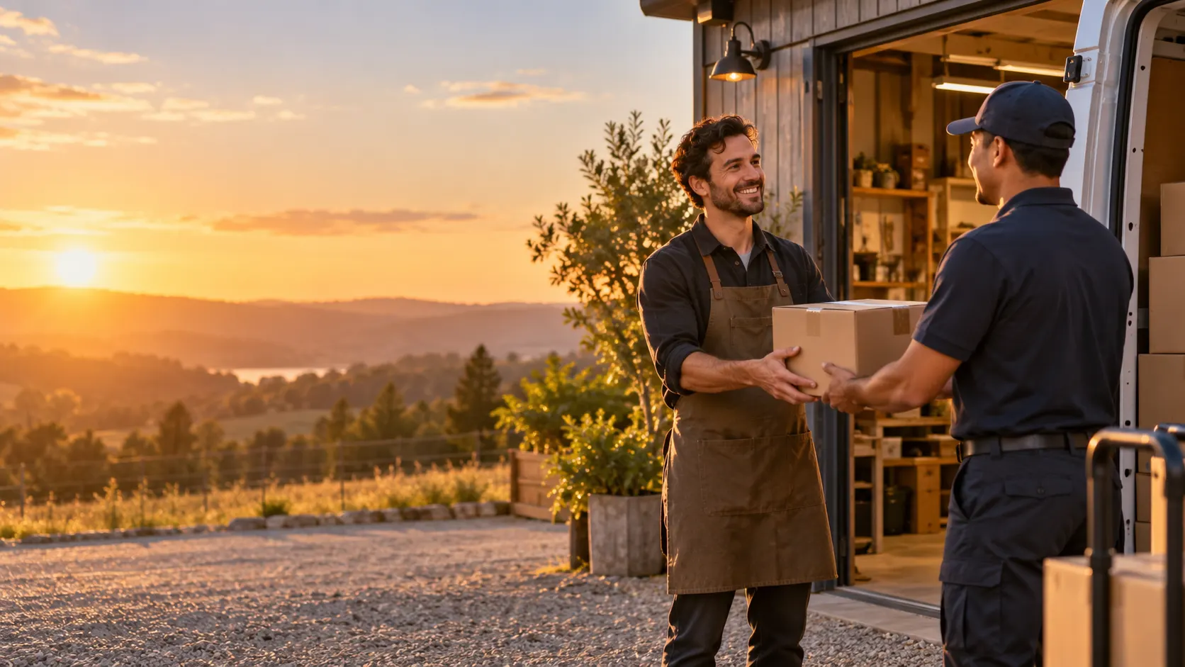 A business owner handing a package to a delivery driver at sunset